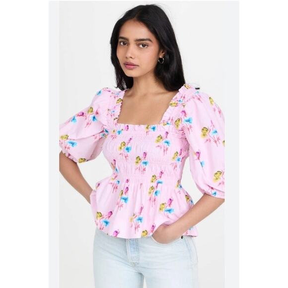 Ganni Lilac Floral Smock Top Square Neck Puff Sleeve Spring Size 44 New V13 - Picture 2 of 13